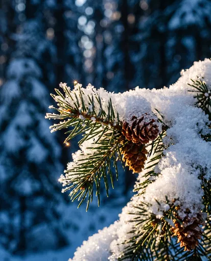 Snow-Covered Evergreen Branch in Winter Sunlight