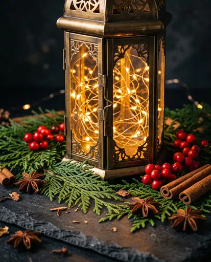 Glowing Brass Lantern With Holiday Spices
