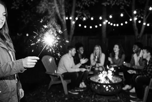 Woman Holding Sparkler at Backyard Fire Pit