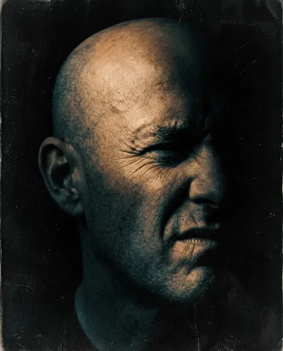 Chiaroscuro Portrait of Squinting Bald Man