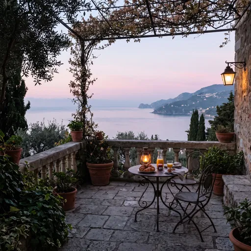 Mediterranean Stone Terrace Breakfast at Dawn