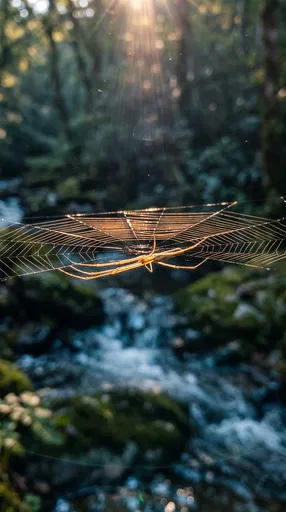 Sunlit Spider on Web Over Forest Stream