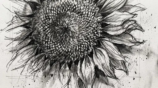 Expressive Charcoal Drawing of Sunflower Head