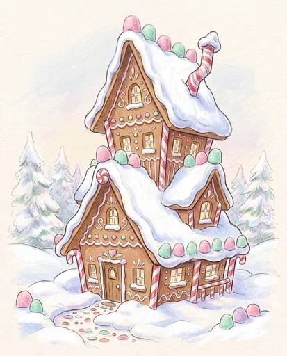 Whimsical Pastel Gingerbread Cottage Illustration