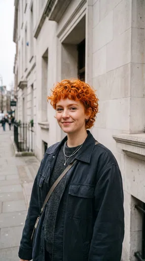 Woman with Curly Copper Pixie Cut Outdoors