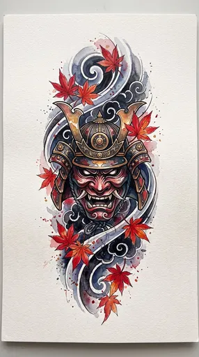 Watercolor Samurai Demon Mask Tattoo Flash