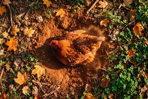 Red Hen Dust Bathing in Soil