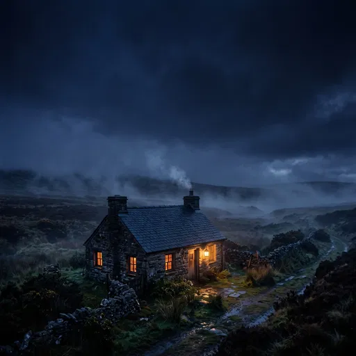Secluded Stone Cottage on Misty Night Moor