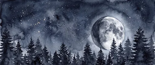 Watercolor Waxing Gibbous Moon Over Pines