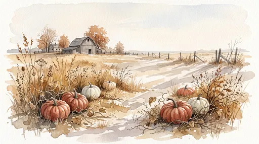 Watercolor Autumn Farmstead With Pumpkins