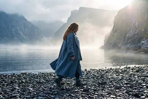 Woman Walking Along Misty Coastal Fjord