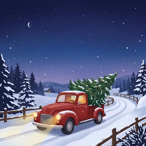 Vintage Red Truck Carrying Christmas Tree