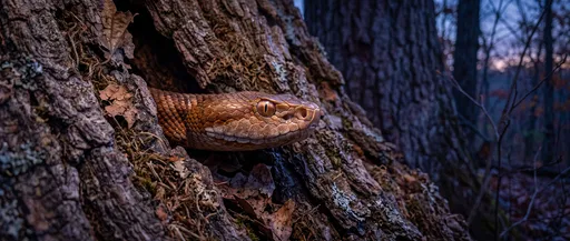 Copperhead Snake Peering From Oak Tree