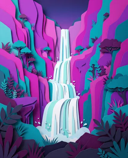 Vibrant Paper Cut Waterfall Landscape
