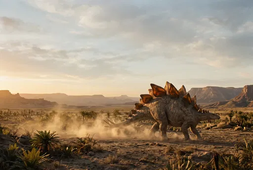 Stegosaurus Walking Across Desert Plain at Sunset
