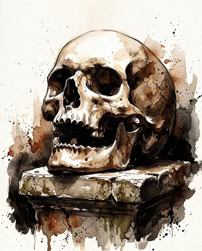 Sepia Watercolor Skull on Stone Plinth