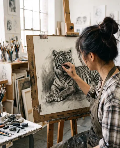 Artist Drawing Charcoal Tiger on Easel