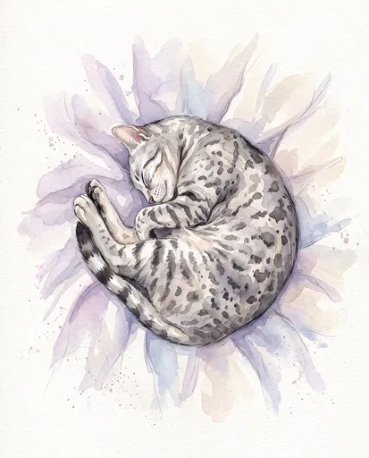 Watercolor Illustration of Sleeping Spotted Cat