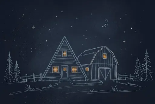 Chalk Sketch of A-Frame Cabin and Barn