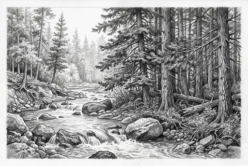 Graphite Sketch of Pine Forest Stream