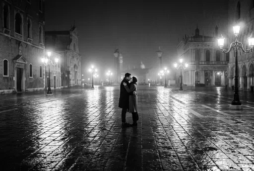 Couple Kissing in Rainy European Plaza