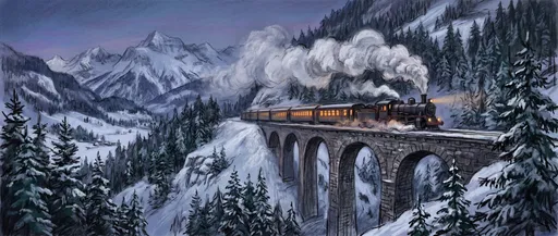 Pastel Drawing of Winter Steam Train