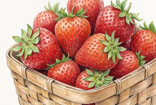 Watercolor Illustration of Strawberries in Woven Basket