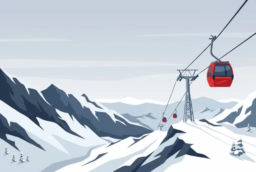 Red Gondola Lift Over Snowy Mountains