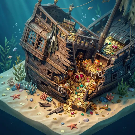 Isometric Pirate Shipwreck With Gold Treasure