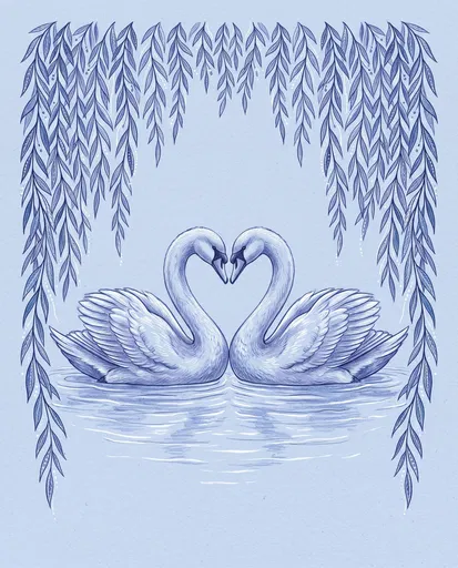 Blue Illustration of Swans Under Willow