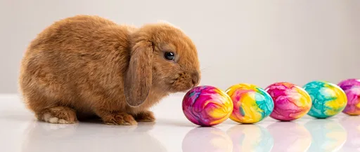 Lop Bunny Sniffing Colorful Marbled Easter Eggs