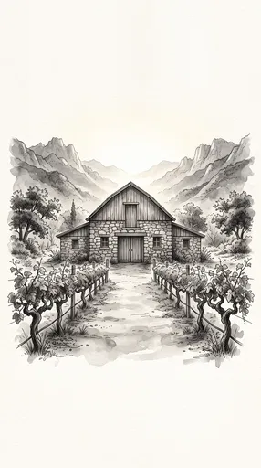 Monochrome Watercolor Illustration of Stone Barn Vineyard