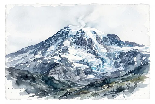 Watercolor Glaciated Stratovolcano Illustration