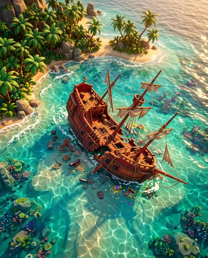 Stylized 3D Pirate Shipwreck in Lagoon