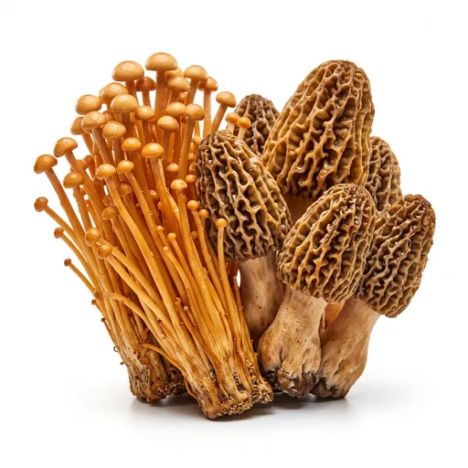 Golden Enoki and Morel Mushrooms Isolated