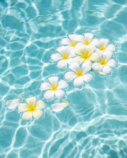 Plumeria Blossoms Floating on Pool Water