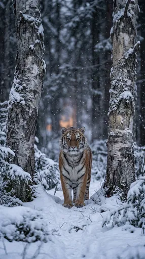 Siberian Tiger Between Snowy Birch Trees
