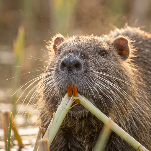 Close-Up of Coypu Eating Reed in Sunlight