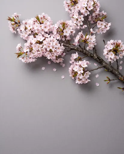 Cherry Blossom Branch on Grey Background