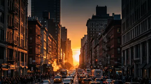 Golden Sunset Down Busy Manhattan Street