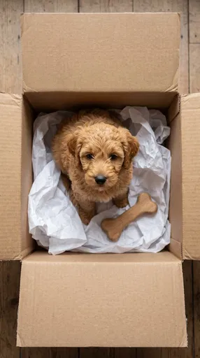 Goldendoodle Puppy in Open Cardboard Box