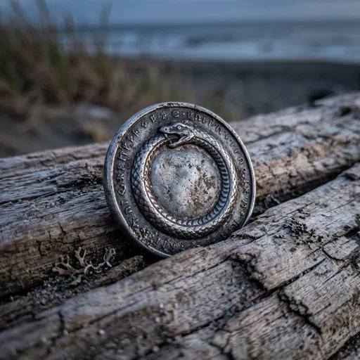 Antique Ouroboros Medallion on Coastal Driftwood