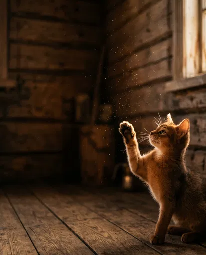Abyssinian Kitten Reaching for Dust Motes