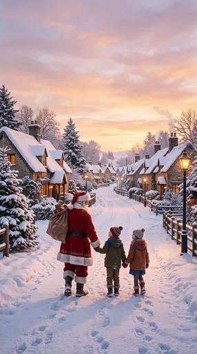 Santa Walking With Children In Snowy Village