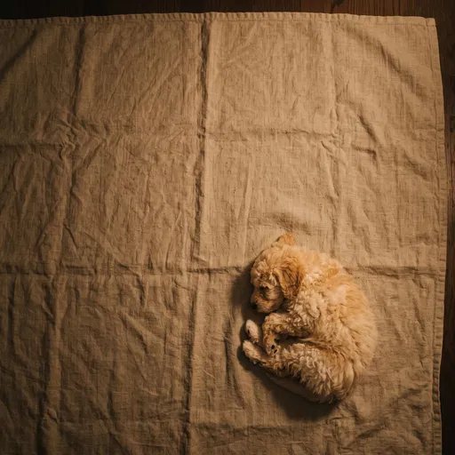 Sleeping Mini Goldendoodle Puppy on Linen Rug