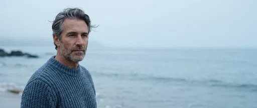 Mature Man In Sweater By Ocean