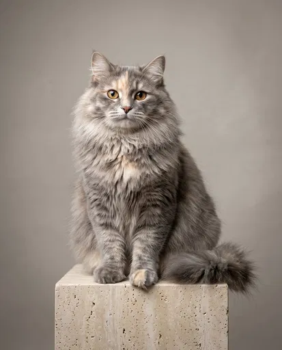 Fluffy Siberian Cat on Stone Pedestal