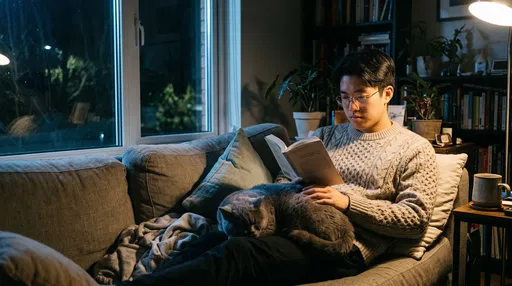 Man Reading With Sleeping Cat At Night