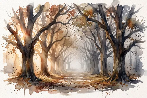 Watercolor Illustration of Misty Autumn Tree Avenue