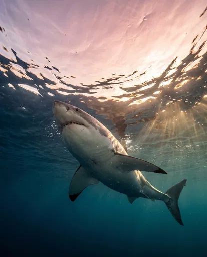 Great White Shark Below Sunset Surface